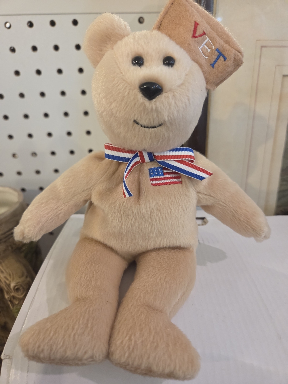 Plush Vet Bear Toy in Light Tan with Patriotic Ribbon